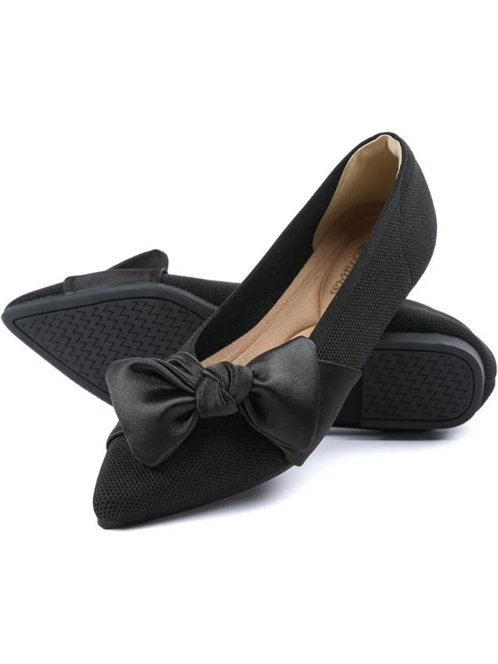 Women's Black Mesh Pointed Toe Ballet Slip On Comfortable  Flats with Bow Shoes